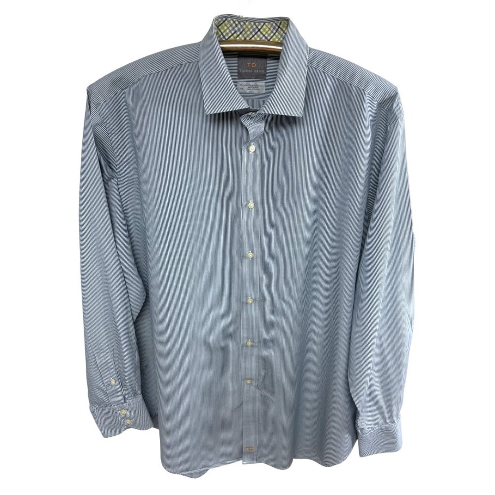 Thomas Dean Blue White Thin Stripe Pima Cotton Flip‎ Cuff LS Shirt - Picture 4 of 9
